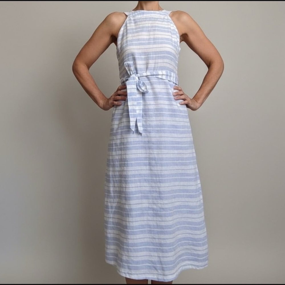 Sigrid Olsen Linen Dress 8 Blue White Striped Belted Pockets Nautical